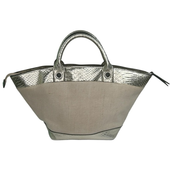 London Fog Gold Metallic Linen Snakeskin Tote Large Bag Purse Preppy Chic Summer - Picture 5 of 14